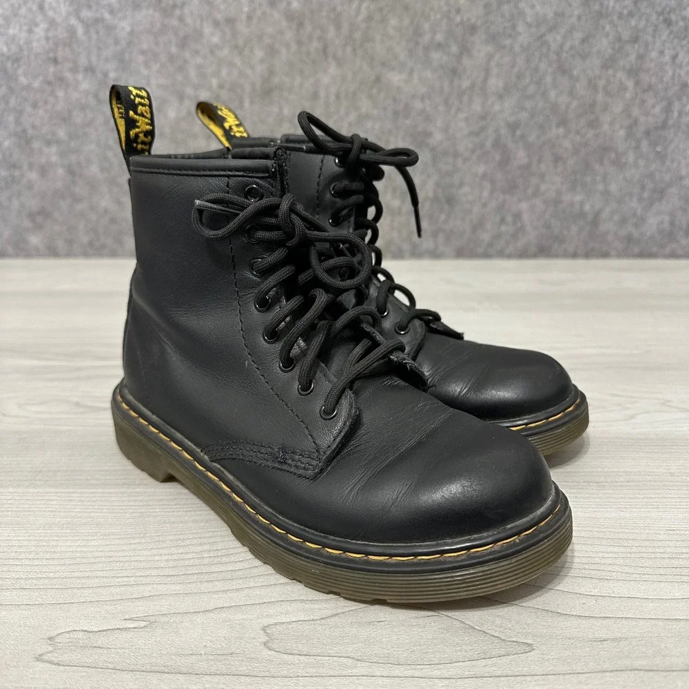 Dr. Martens 1460 J Boots Kids Size 2 Black Leather Lace Up Side Zip Combat Boots